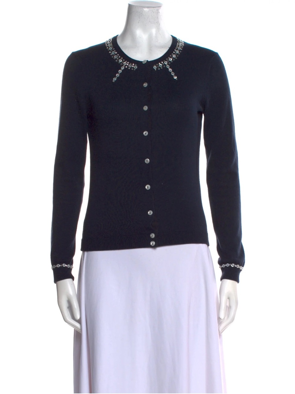 Marc Jacobs Crystal Embellished Bow Collar Knit Cardigan Sweater Navy - Size S